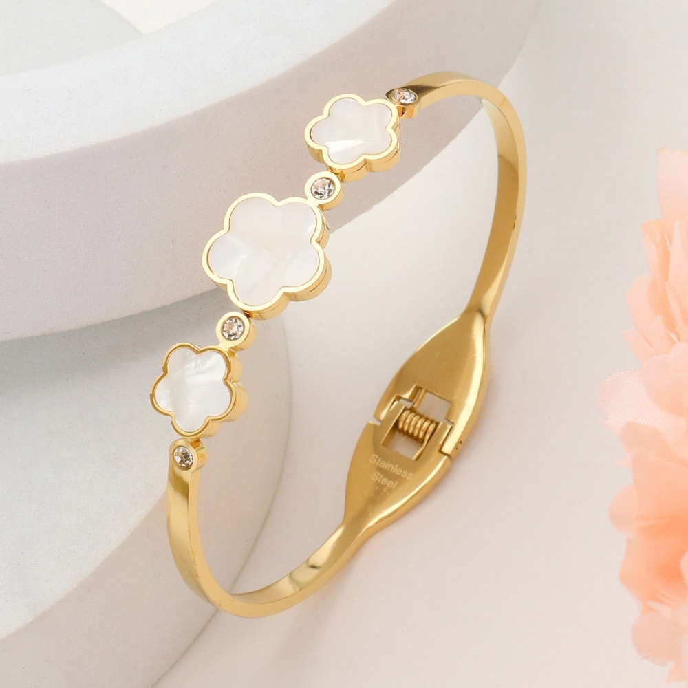 Gold Metal Triple Mother Of Pearl Bezel Quatrefoil Clover Bracelet Bangle